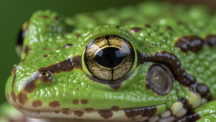 Macro shot of green frog eye, close up.
