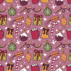 Seamless Christmas pattern with candy canes, ornaments, gifts, bells, lights, mugs, and snowflakes. Seasonal repeated background. Perfect for seasonal projects, wrapping paper, packaging and decor.