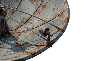錆びついた巨大なパラボラアンテナ　廃墟風背景で静かに佇む