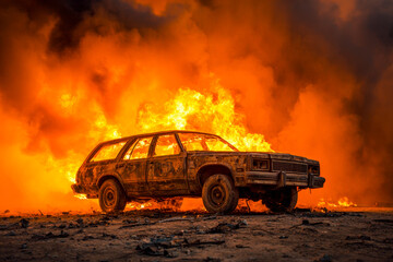 Obraz premium Old rusted station wagon abandoned and engulfed in intense blazing flames with thick smoke filling the background during a destructive fire emergency scene
