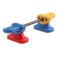 Colorful plastic toy construction building blocks with interlocking pieces and a metal rod connecting them isolated on transparent background