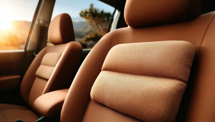 Luxurious brown leather car seats with headrest cushions offer comfort and elegance