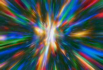Fototapeta premium Vibrant abstract illustration in a digital futuristic style, with beams of blue, red, yellow, and green light radiating from a bright central point, creating a dynamic sense of motion and energy.