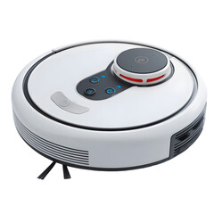 Fototapeta premium Modern white robotic vacuum cleaner with dark gray accent on a clean transparent background for easy integration isolated on transparent background