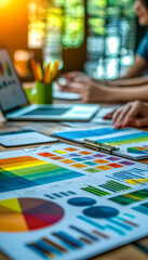 Creative workspace with color charts and graphs for data analysis and visual presentation