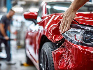 Damaged red sports car undergoing repair in an auto body shop