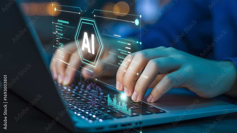 Poster ai technology interaction: close-up of hands expertly navigating a sleek laptop, with a futuristic a
