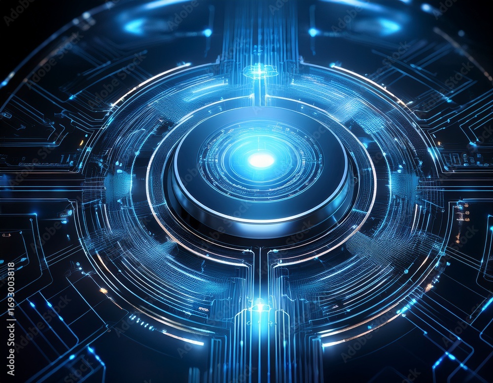 Poster futuristic cylindrical device centered on a circular glowing platform surrounded by digital circuitr