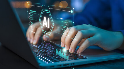 AI Technology Interaction: Close-up of hands expertly navigating a sleek laptop, with a futuristic AI interface seamlessly integrated.