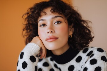 Studio portrait of woman in black-and-white polka dot sweater, clean modern fashion aesthetic
