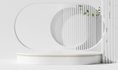 White and gold podium with plant, minimalist product display. 3D Rendering