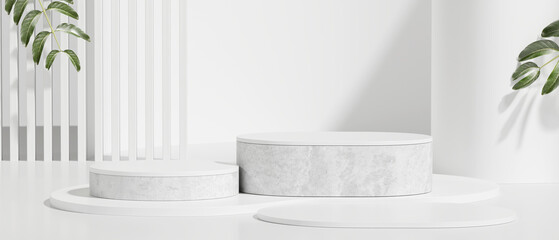 Minimalist white podium with tropical plants, product display. 3D Rendering