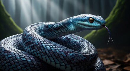 Fototapeta premium Striking Blue Snake with Detailed Scales and Yellow Eye