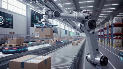 Automated warehouse with robotic arms sorting packages on conveyor belts. Industrial logistics facility, smart technology distribution center. Modern supply chain automation, digital tracking systems. - Powered by Adobe