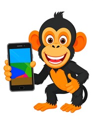Cartoon chimpanzee holds a smartphone