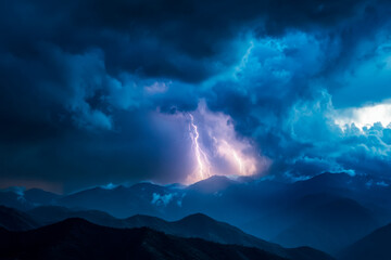 Fototapeta premium Dramatic lightning strike over stormy mountain landscape