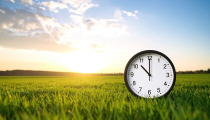 Clock in a green field at sunset