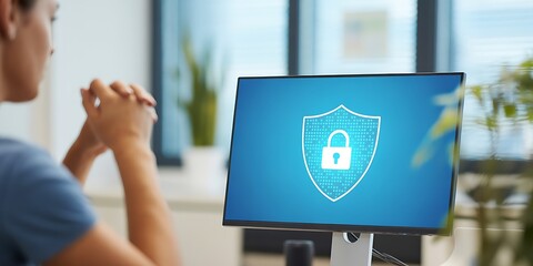 Person looking at a computer screen with a security shield and padlock
