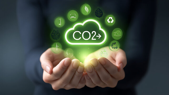 Person holding a bright green C O2 cloud with arrows indicating reduction and eco-friendly icons carbon dioxide - Powered by Adobe