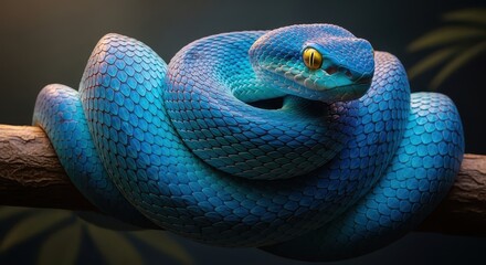 Fototapeta premium Vibrant Blue Snake Coiled on Branch, Exotic Wildlife Illustration