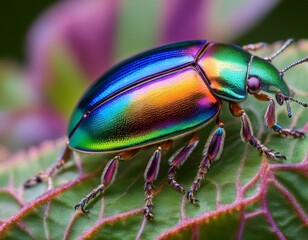 Naklejka premium iridescent jewel beetle with rainbow coloration showcasing nature s beauty and intricate details ideal for scientific studies and vibrant designs