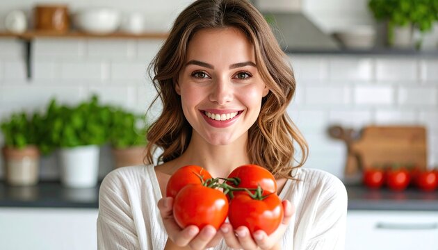 Woman holding fresh tomatoes in her kitchen - Powered by Adobe