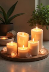 calming candles ethereal crystals serenity soft glow relaxation peaceful ambience home decor mindfulness zen, light, meditation, wellness, tranquility