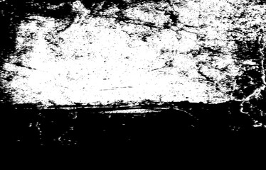 Abstract digital illustration in grunge style with a rough, textured surface. Features distressed white patches on a black background, with irregular shapes, cracks, and strong contrast.