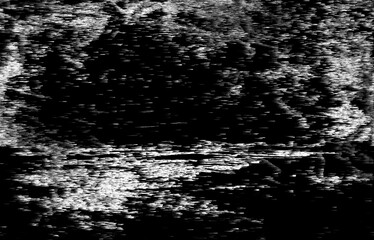 Obraz premium Abstract digital illustration in glitch art style, with horizontal white streaks and noise on a black background. The composition uses sharp, fragmented shapes, mimicking static or digital distortion.