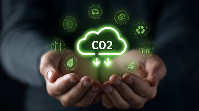 Person presenting a glowing C O2 cloud with double downward arrows and various green technology icons