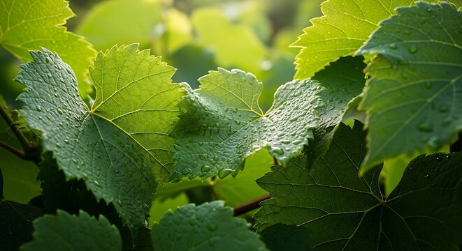 Close up of vibrant green grape leaves with dew drops.