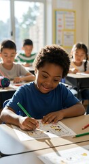 Fototapeta premium Child with Down syndrome doing homework at school with classmates in the classroom