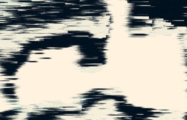 Abstract glitch art illustration with horizontal, fragmented lines in shades of white and black. The style is digital, evoking distortion with irregular, broken shapes.