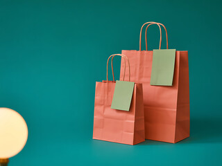 Two coral paper shopping bags with green tags on a teal background