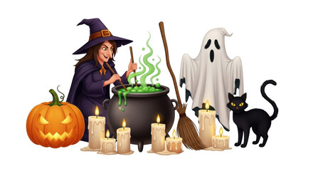 3d spooky halloween scene with witch ghost and jack-o'-lantern