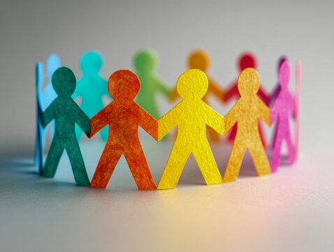 Colorful paper chain of interconnected human figures symbolizing diversity, unity, and community support in a vibrant and inclusive social connection concept