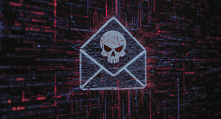 phishing email concept, envelope icon with skull warning, corrupted glitch effect, dark digital interface