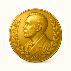 Golden Nobel Prize medal with detailed engraving, isolated vector on white background.