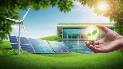 Renewable energy concept with solar panels, wind turbine and eco friendly house. Hand holding lightbulb with plant sprout, sustainable green technology for clean electricity generation. - Powered by Adobe