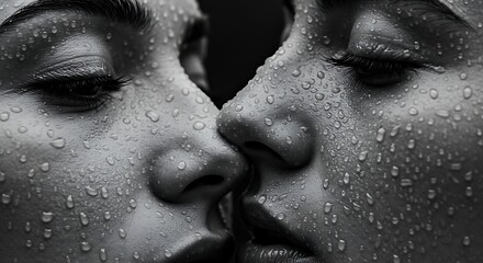 A black and white close-up of two women's faces, covered in water droplets, sharing an intimate kiss.