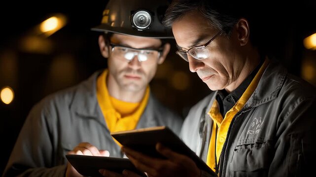 Industrial Professionals Collaborating on Tablets Late at Night Discussing Solutions