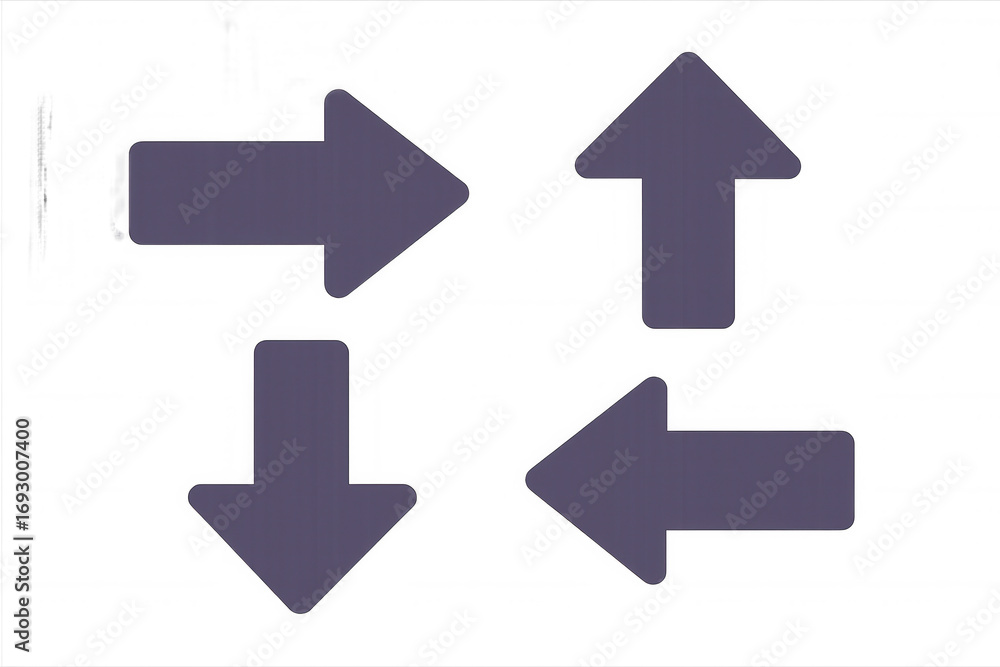 Poster purple directional arrows pointing up, down, left, right on transparent surface, showing navigation 