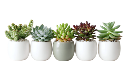 Succulents in white pots isolated on transparent background 