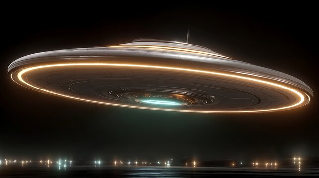 the image shows a saucer shaped object hovering in a dark environment. the craft is equipped with a ring of bright illumination around its edge