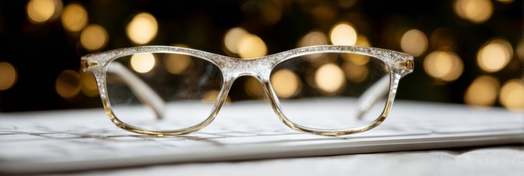 Glittering spectacles atop open book, evoking festive introspection during Diwali nights, serenade of illuminating wisdom and sparkling prose