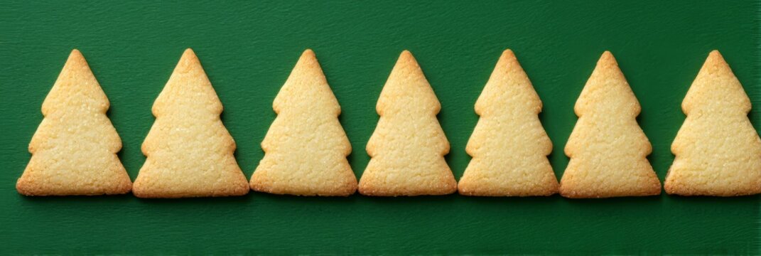 Golden tree-shaped cookies stand in a festive line, evoking Yule traditions and quirky culinary Christmas cheer