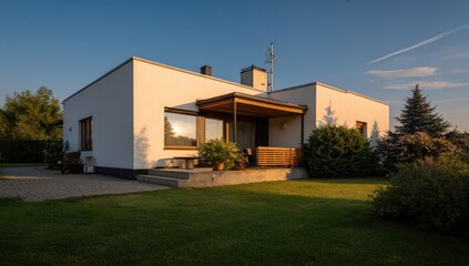 Modern, light-filled home with a light-colored facade and wooden deck.