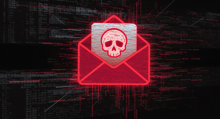 phishing email concept, envelope icon with skull warning, corrupted glitch effect, dark digital interface