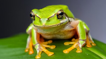Obraz premium Close up of a bright green tree frog sitting on a vibrant green leaf surface area