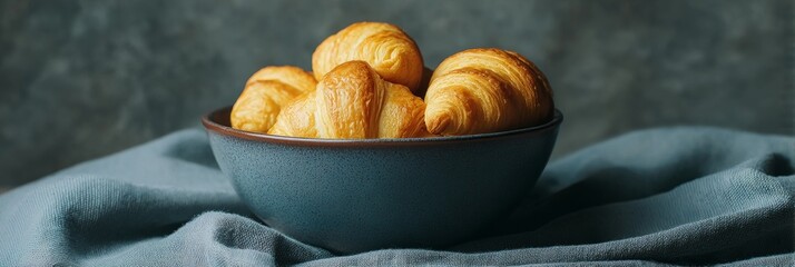 Flaky croissants nestle elegantly in a cobalt bowl, capturing the essence of Parisian mornings and World Baking Day delight